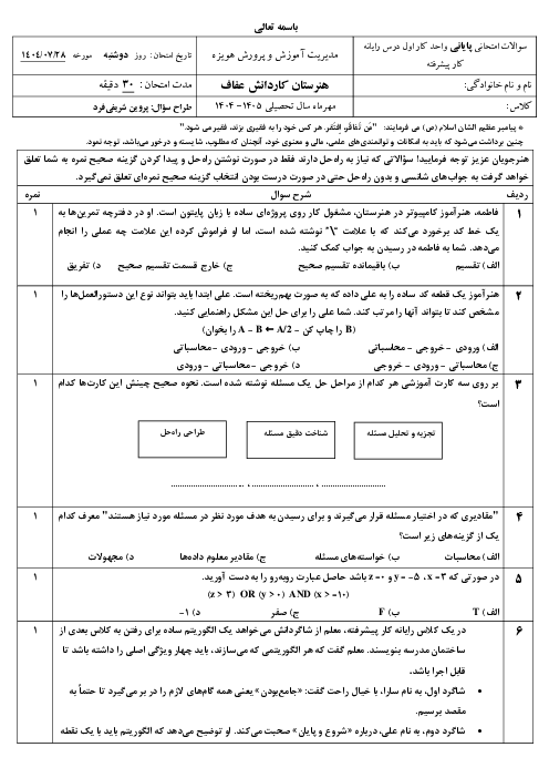 سوالات امتحان تستی واحد کار اول (الگوریتم) درس رایانه‌ کار پیشرفته 