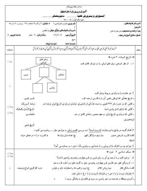 نمونه سوال امتحان ترم اول علوم و فنون ادبی (1) دهم | دی 97