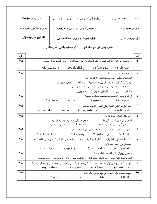 آزمون نوبت دوم کاربر Adobe Illustrator یازدهم هنرستان شهید زارع | خرداد 1395