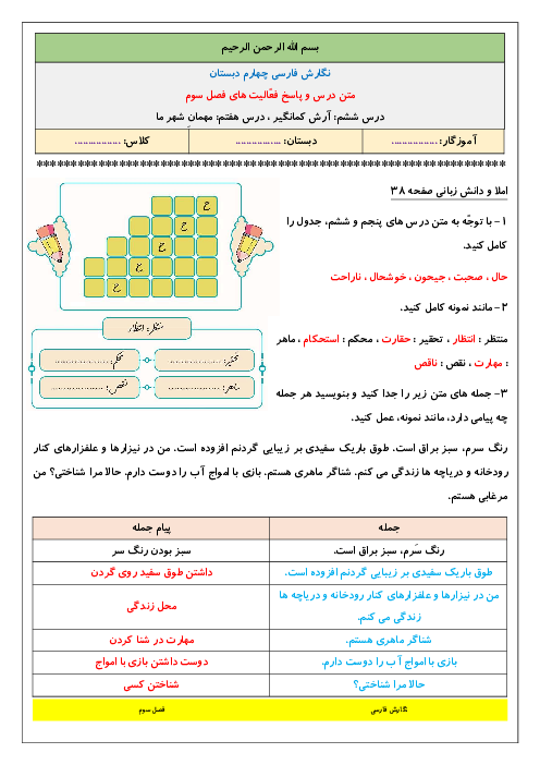 راهنمای حل فعالیت و تمرین‌های نگارش چهارم دبستان | فصل سوم: ایران من (درس 6 و 7)