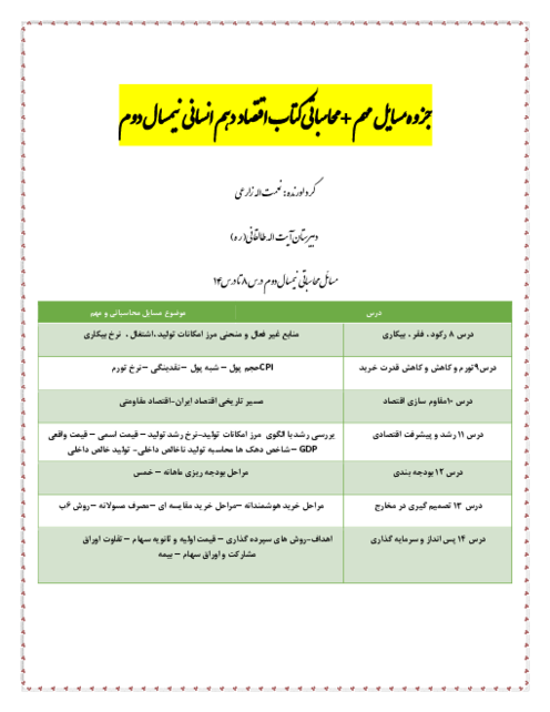 جزوه آموزشی مسایل محاسباتی اقتصاد نیمسال دوم (درس 8 تا 14)