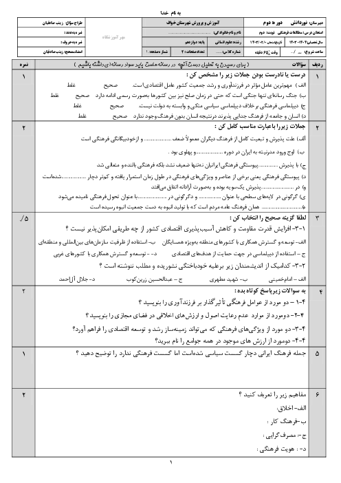 امتحان نوبت دوم درس مطالعات فرهنگی پایه دوازدهم انسانی دبیرستان نوردانش خرداد 1404