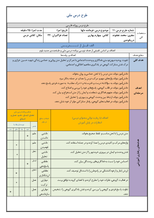 طرح درس روزانه فارسی چهارم دبستان | درس 11: فرمانده دل ها
