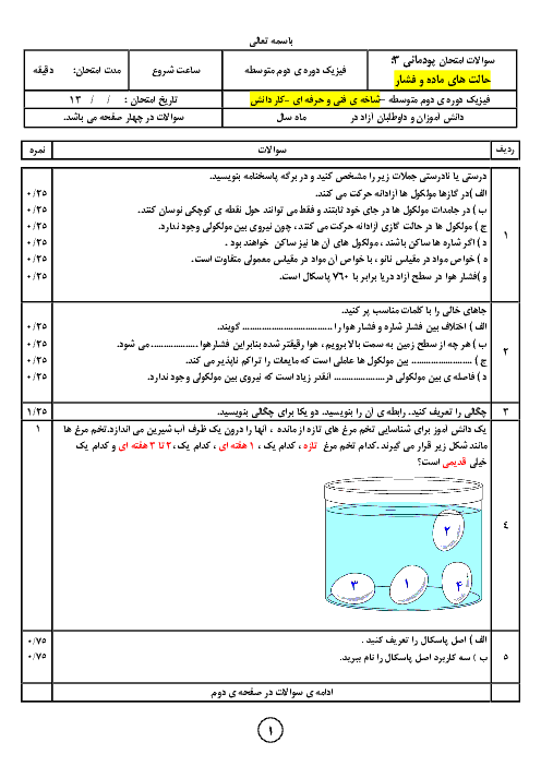 آزمون پودمانی فیزیک دهم فنی هنرستان جوادیه | فصل 3: حالت‌های ماده و فشار