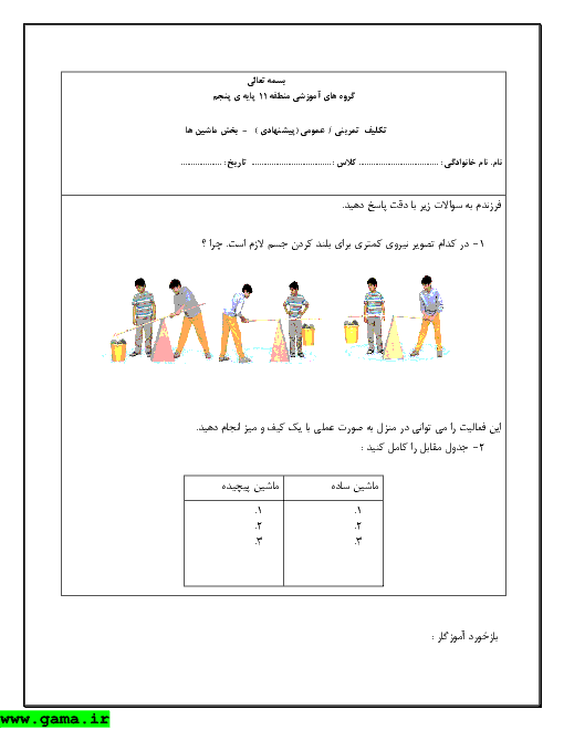 تکلیف تمرینی علوم پنجم دبستان - بخش ماشین ها