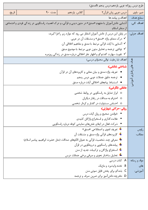طرح درس روزانه عربی یازدهم انسانی درس پنجم (الصدق)