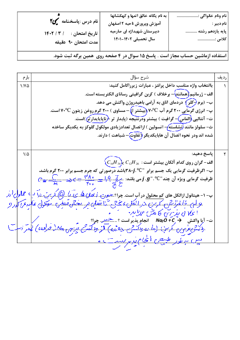 امتحان پایانی خرداد 1402 دبیرستان شهید اژه ای صارمیه اصفهان | درس شیمی 2 یازدهم