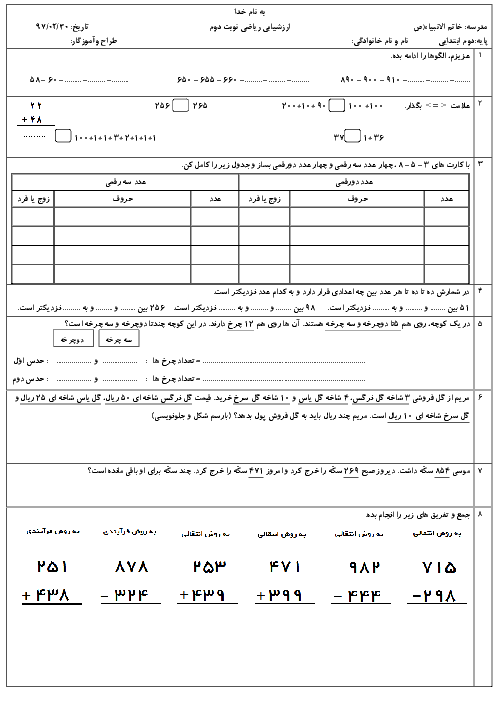 آزمون نوبت دوم ریاضی دوم دبستان حضرت خاتم الانبیاء (ص) | اردیبهشت 1397