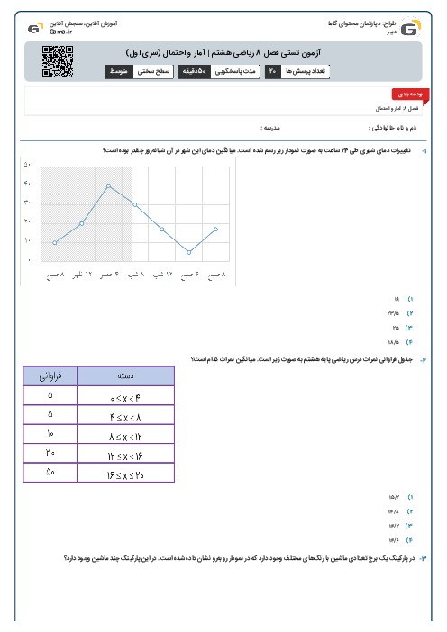 آزمون تستی فصل 8 ریاضی هشتم | آمار و احتمال (سری اول)