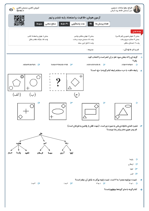 آزمون هوش، خلاقیت و استعداد پایه ششم و نهم