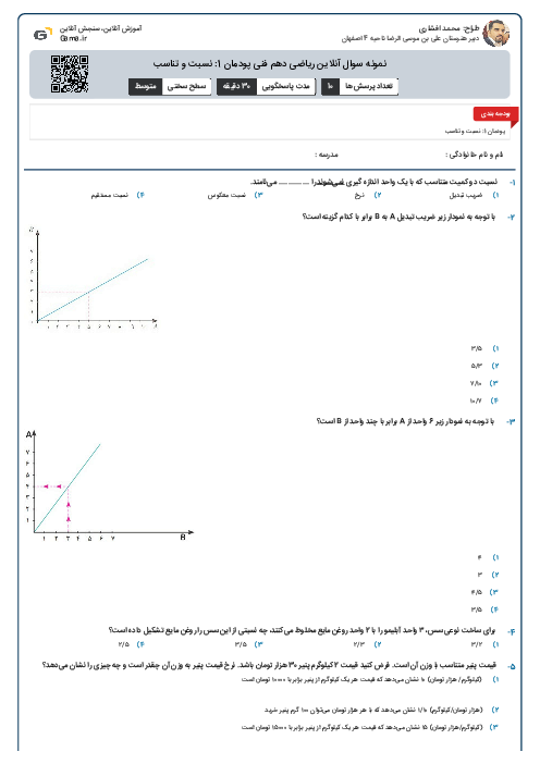 نمونه سوال آنلاین ریاضی دهم فنی پودمان 1: نسبت و تناسب