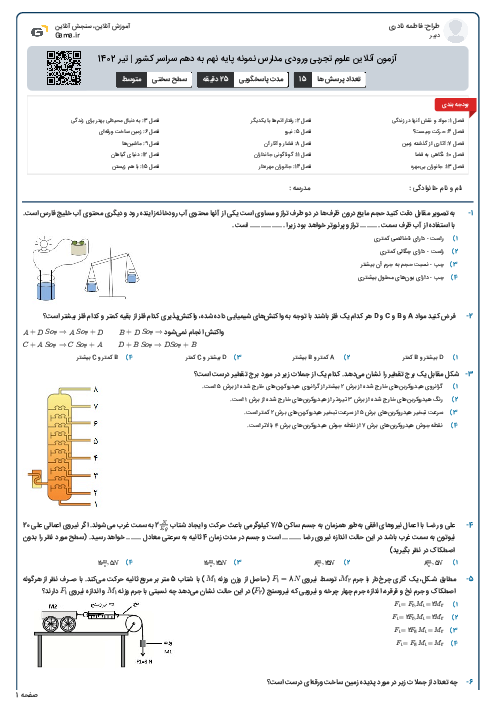 آزمون آنلاین علوم تجربی ورودی مدارس نمونه پایه نهم به دهم سراسر کشور | تیر 1402