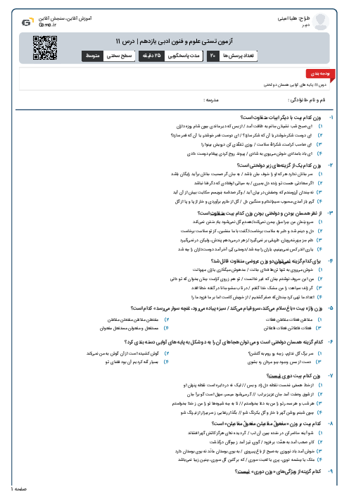 آزمون تستی علوم و فنون ادبی یازدهم | درس 11