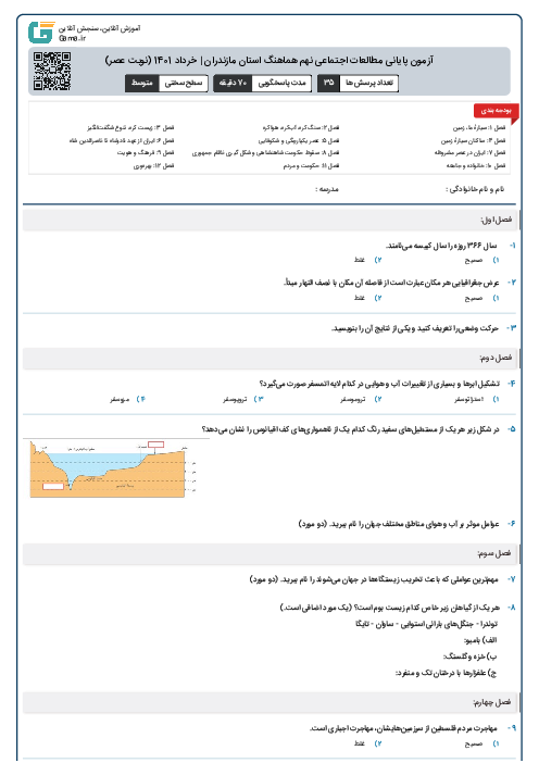 آزمون پایانی مطالعات اجتماعی نهم هماهنگ استان مازندران | خرداد 1401 (نوبت عصر)