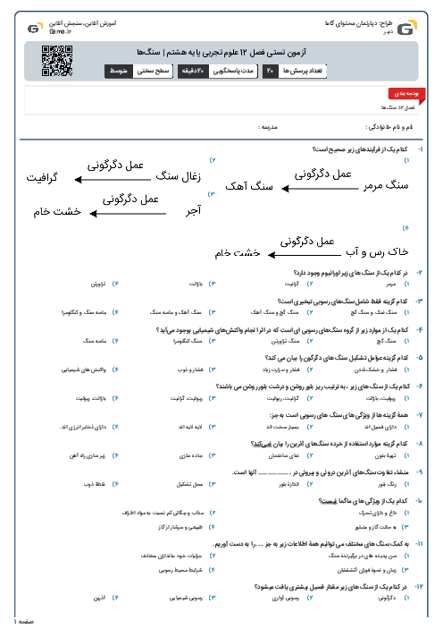 آزمون تستی فصل 12 علوم تجربی پایه هشتم | سنگ‌ها