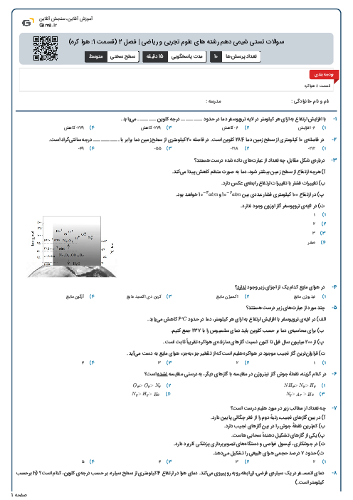 سوالات تستی شیمی دهم رشته های علوم تجربی و ریاضی | فصل 2 (قسمت 1: هوا کره)