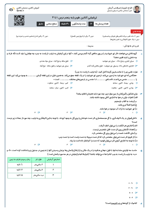 ارزشیابی آنلاین علوم پایه پنجم درس ۱ تا ۴