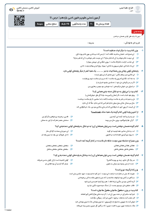 آزمون تستی علوم و فنون ادبی یازدهم | درس 11