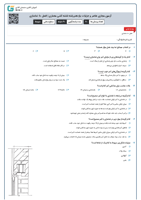 آزمون مجازی عناصر و جزئیات یازدهم رشته نقشه کشی معماری | فصل 10: نماسازی