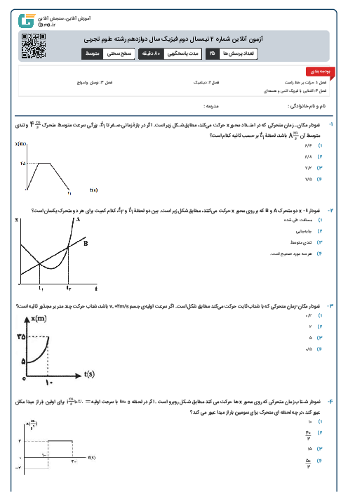 آزمون آنلاین شماره 2 نیمسال دوم فیزیک سال دوازدهم رشته علوم تجربی