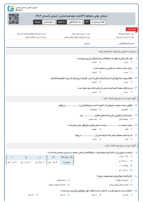  امتحان نهایی جغرافیا (3) پایه دوازدهم انسانی | جبرانی تابستان 1403 