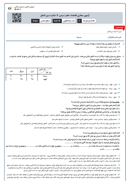 آزمون مجازی اقتصاد دهم | درس 7: تجارت بین الملل