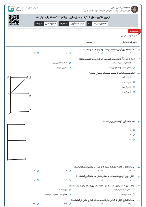 آزمون آنلاین فصل 2: گراف و مدل سازی | ریاضیات گسسته پایه دوازدهم