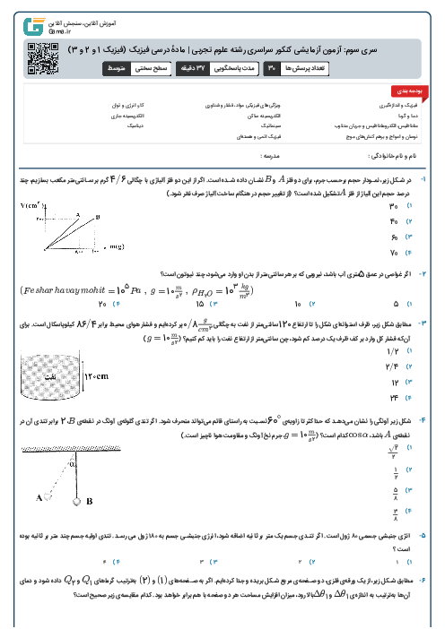 سری سوم: آزمون آزمایشی کنکور سراسری رشته علوم تجربی | مادهٔ درسی فیزیک (فیزیک 1 و 2 و 3)