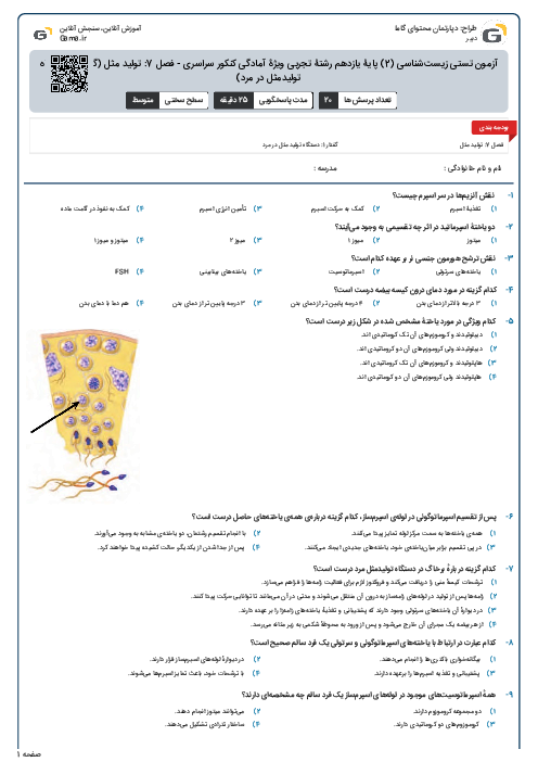 آزمون تستی زیست‌شناسی (2) پایۀ یازدهم رشتۀ تجربی ویژۀ آمادگی کنکور سراسری - فصل 7: تولید مثل (گفتار 1- دستگاه تولیدمثل در مرد)