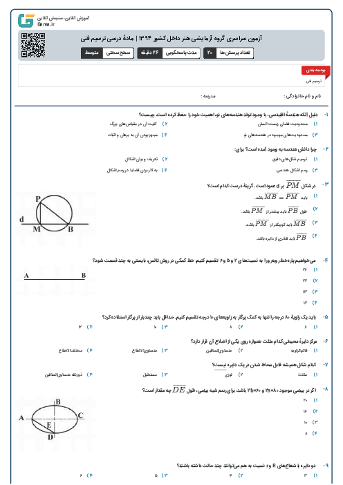 آزمون سراسری گروه آزمایشی هنر داخل کشور ۱۳۹۴ | مادهٔ درسی ترسیم فنی