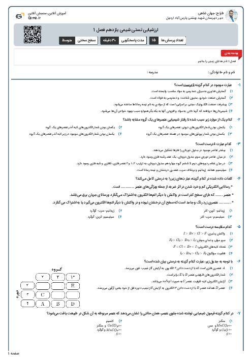 ارزشیابی تستی شیمی یازدهم فصل 1
