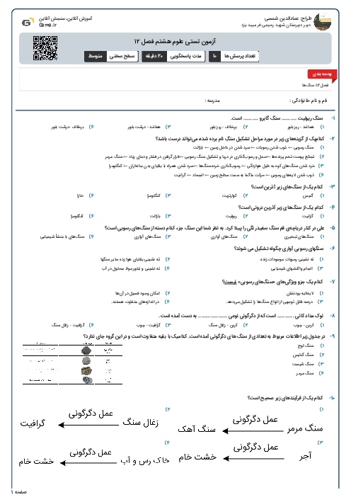 آزمون تستی علوم هشتم فصل ۱۲