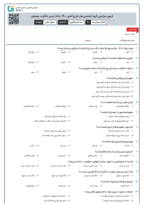 آزمون سراسری گروه آزمایشی هنر خارج کشور ۱۴۰۰ | مادهٔ درسی خلاقیت موسیقی