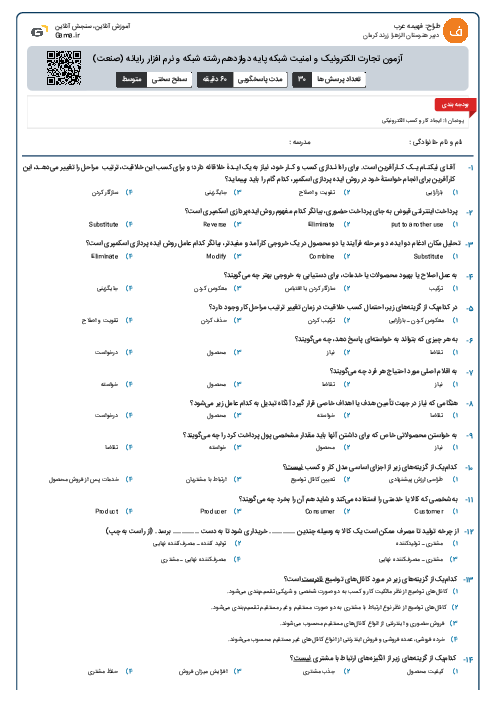 آزمون تجارت الکترونیک و امنیت شبکه پایه دوازدهم رشته شبکه و نرم افزار رایانه (صنعت)