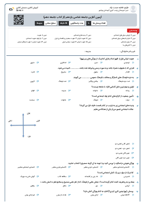 آزمون آغازین جامعه شناسی یازدهم (از کتاب جامعه دهم)