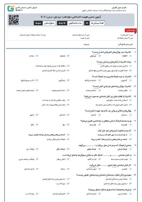 آزمون تستی هویت اجتماعی دوازدهم | ترم اول: درس 1 تا 5