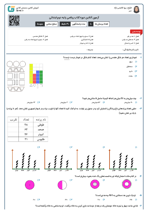 آزمون آنلاین دوره کتاب ریاضی پایه دوم ابتدائی