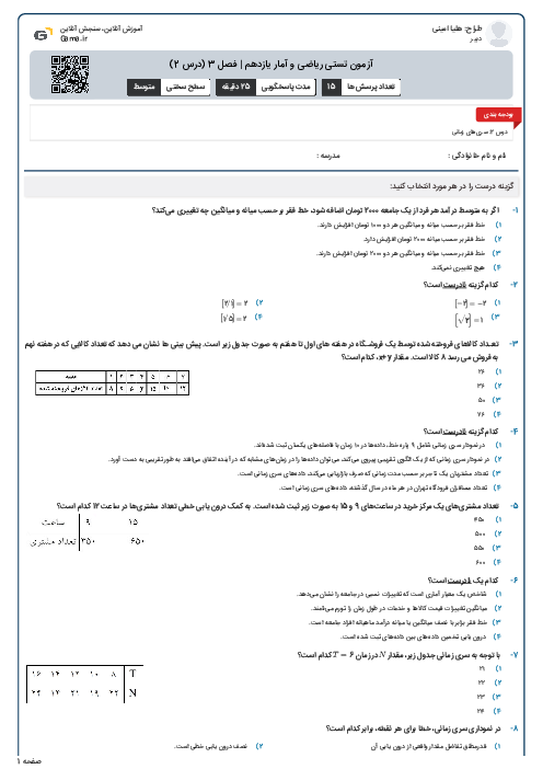 آزمون تستی ریاضی و آمار یازدهم | فصل 3 (درس 2)