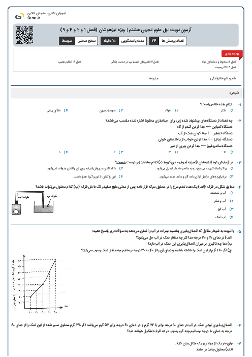 آزمون نوبت اول علوم تجربی هشتم | ویژه تیزهوشان (فصل 1 و 2 و 4 و 9)