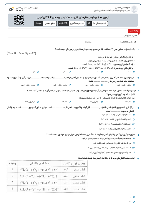 آزمون مجازی شیمی هنرستان  فنی صنعت ارمان  پودمان 4: الکتروشیمی