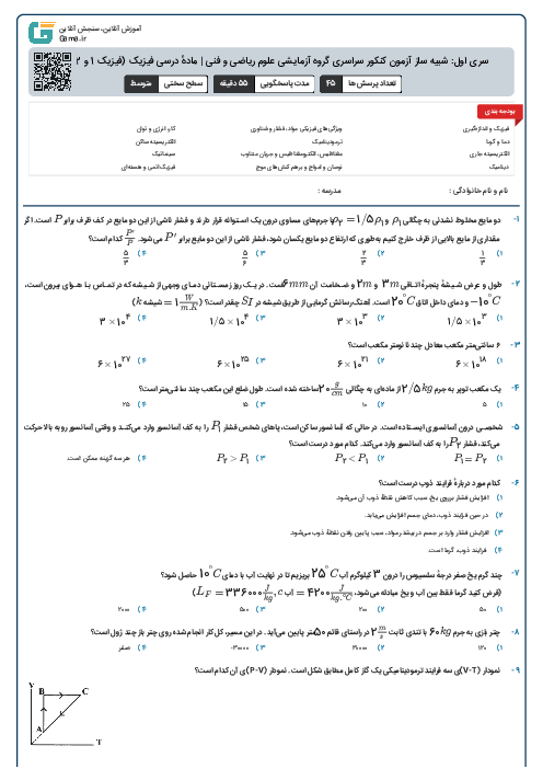 سری اول: شبیه ساز آزمون کنکور سراسری گروه آزمایشی علوم ریاضی و فنی | مادهٔ درسی فیزیک (فیزیک 1 و 2 و 3)