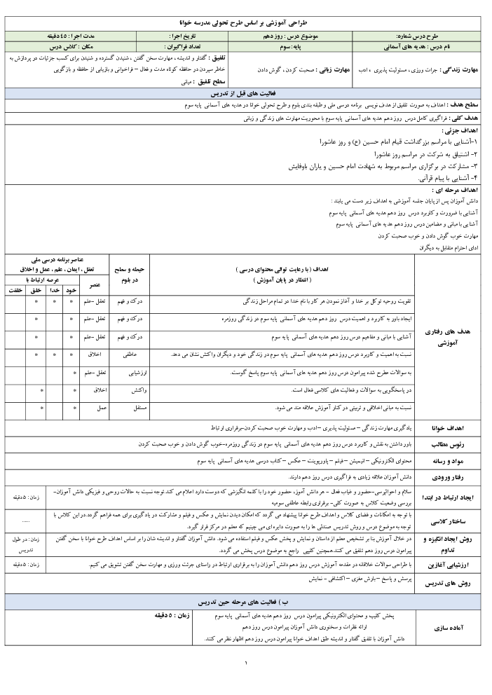 طرح درس روزانه هدیه‌های آسمانی سوم دبستان | درس 5: روز دهم