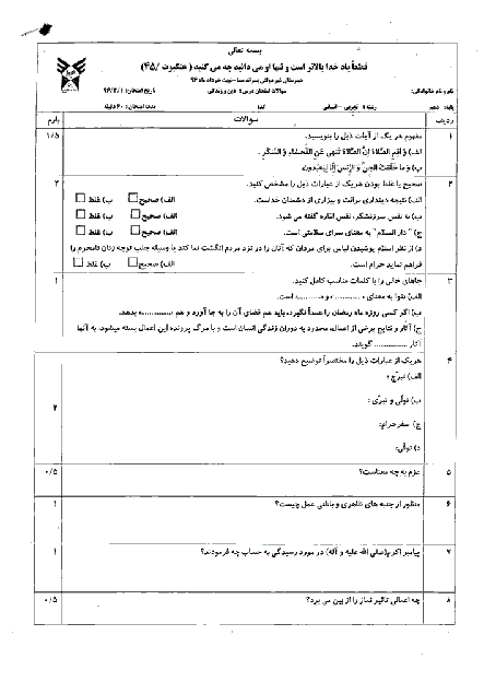 سوالات امتحان نوبت دوم دین و زندگی (1) دهم دبیرستان غیردولتی پسرانۀ سما - خرداد 96