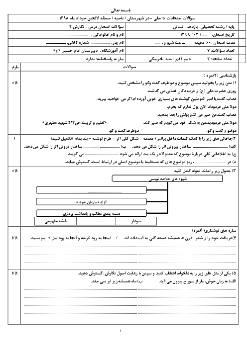 آزمون نوبت دوم نگارش (2) یازدهم دبیرستان امام حسین (ع) | خرداد 1398 + پاسخ