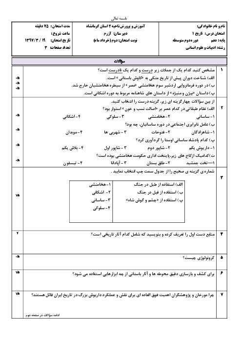 امتحان نوبت دوم تاریخ (1) دهم دبیرستان آزرم | خرداد 1397 + پاسخ