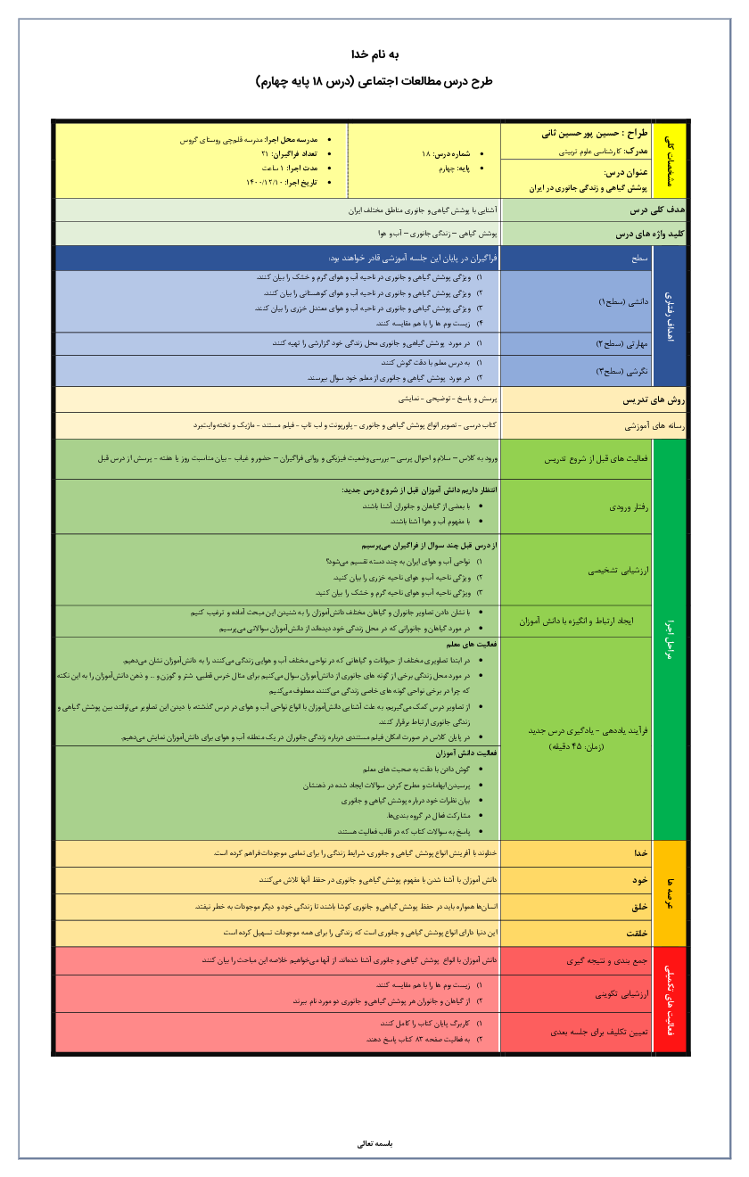 طرح درس روزانه مطالعات اجتماعی چهارم دبستان | درس 18: پوشش گیاهی و زندگی جانوری در ایران