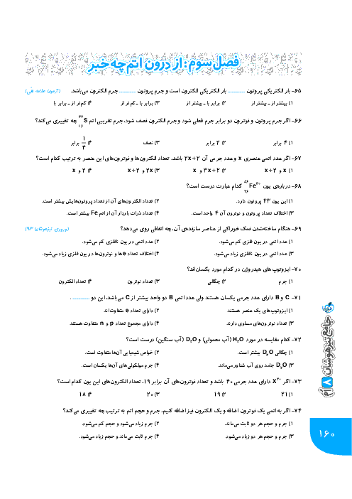 آزمون چهارگزینه ای علوم هشتم (تیزهوشان خیلی سبز) | فصل 3: از درون اتم چه خبر