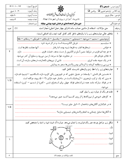 آزمون شیمی یازدهم دبیرستان شهید بهشتی مهاباد