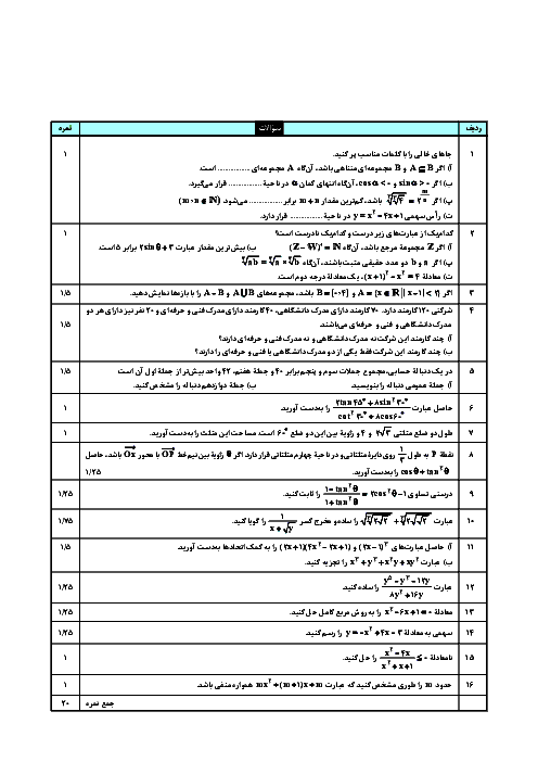 نمونه سوال امتحان نوبت اول ریاضی (1) دهم رشته رياضی و تجربی با جواب