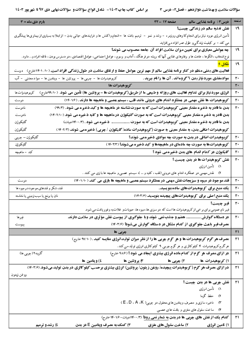 نمونه سؤالات امتحانی فصل دوم (درس 3 و 4 و 5) سلامت و بهداشت پایه دوازدهم